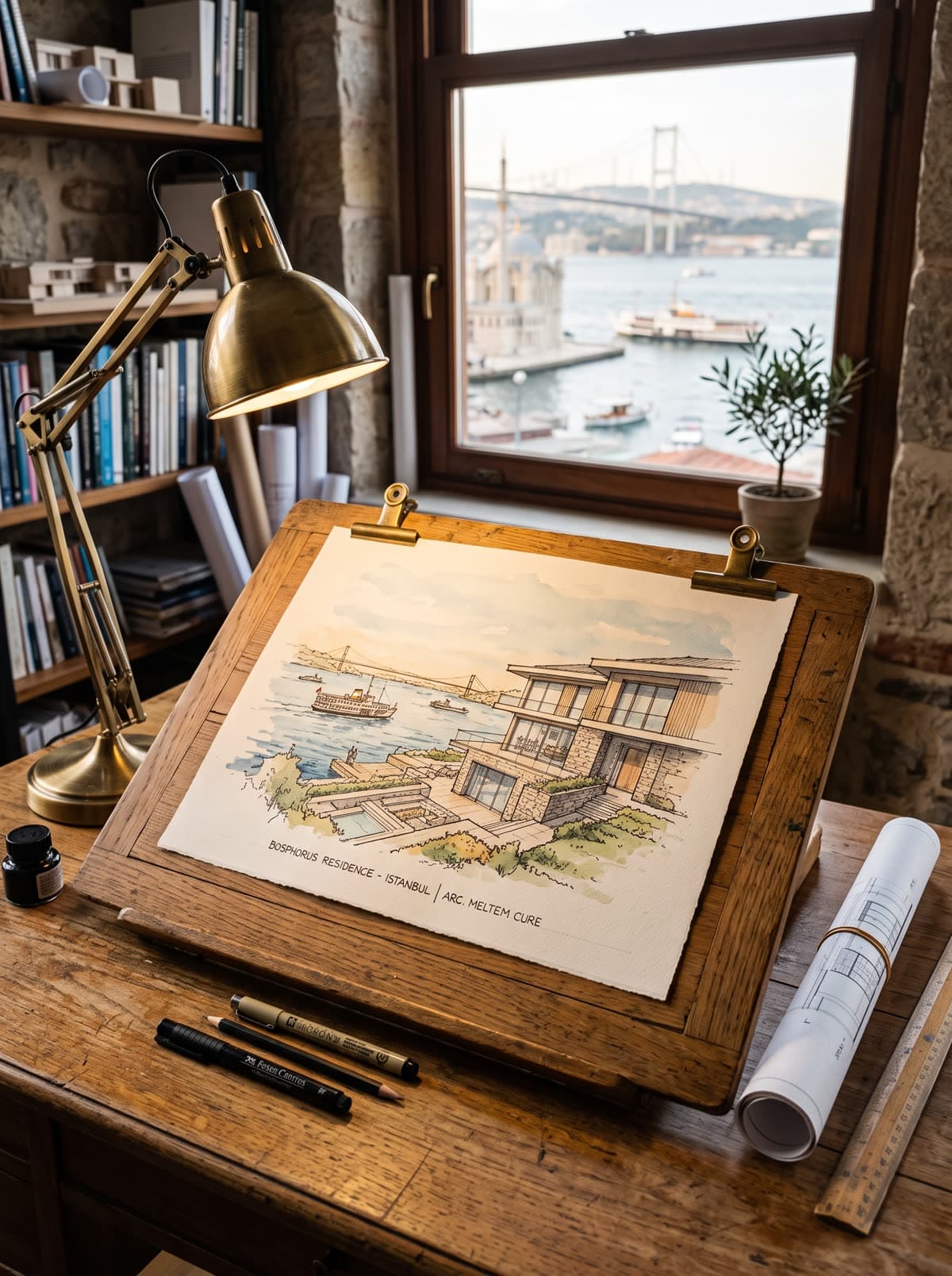 MEKA architecture stüdyosu: çizim masasında Boğaz evi eskizi